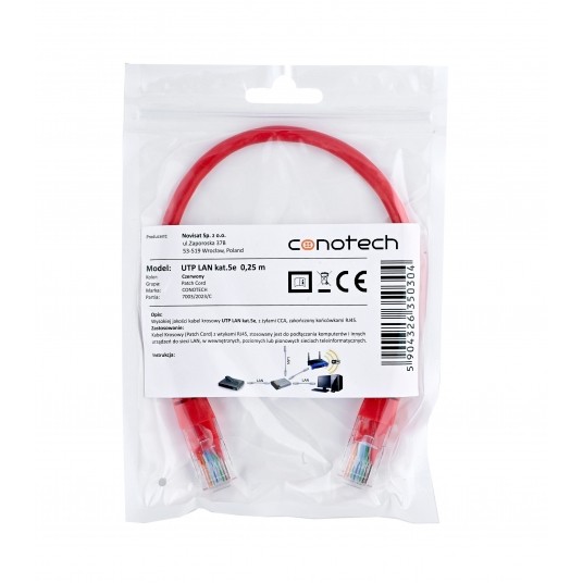 PATCH CORD U/UTP kat.5e 0,25m CZERWONY -zdjęcie numer 3
